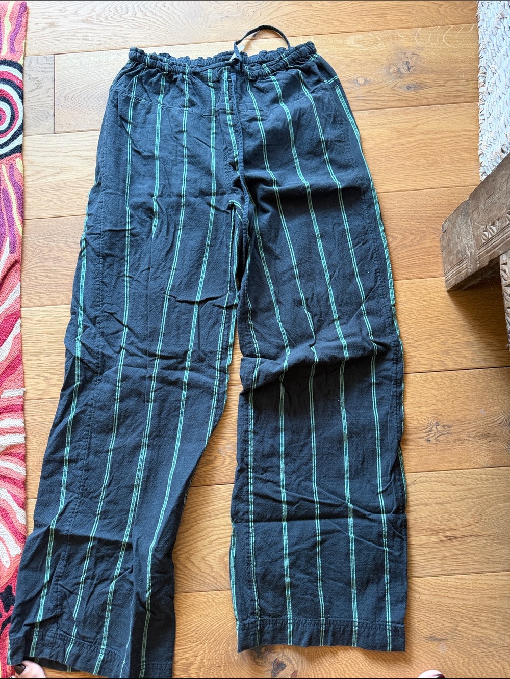 Free People Black Wide-Leg Pants with Green Stripes